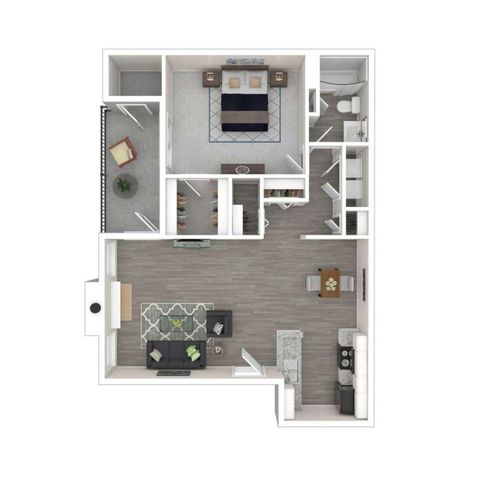Chic apartment floor plan showcasing a modern one-bedroom suite with spacious living area, elegant kitchen, and private balcony.