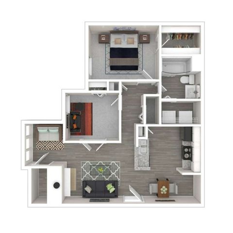 Contemporary floor plan showcasing a two-bedroom apartment with a spacious living area, modern kitchen, and cozy dining space. Ample natural light and smart layout for comfortable living.