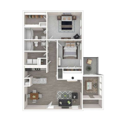 Contemporary floor plan showcasing two spacious bedrooms, stylish kitchen, open living area, and cozy balcony. Ideal for modern living.