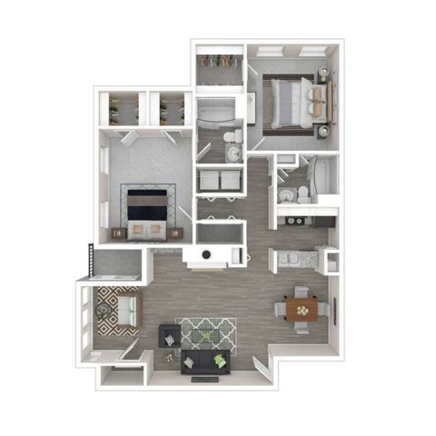 Modern 3D floor plan showcasing two spacious bedrooms, two bathrooms, an open living and dining area, and a stylish kitchen.
