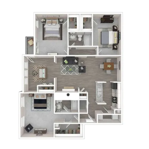 Modern 3-bedroom floor plan featuring an open living area, stylish kitchen, and two bathrooms, perfect for family living.