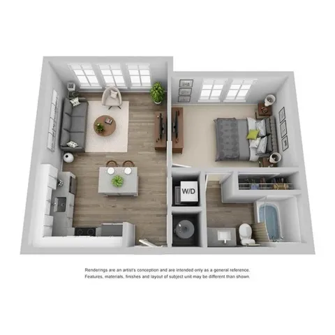 Modern 3D floor plan showcasing a stylish 1-bedroom apartment with an open living area, sleek kitchen, and compact bathroom.