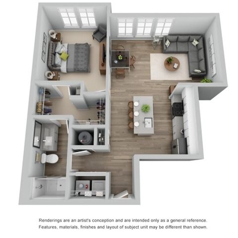 Charming 3D floor plan of a modern apartment with one bedroom, stylish open-layout living and dining area, contemporary kitchen, and elegant bathroom.