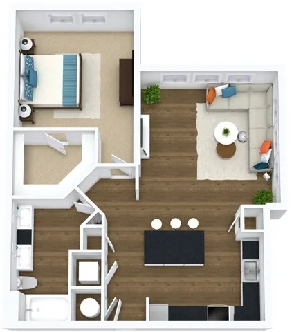 Modern and inviting 3D floor plan showcasing a one-bedroom apartment with a spacious open-concept living area and kitchen, cozy bedroom, and elegant bathroom.