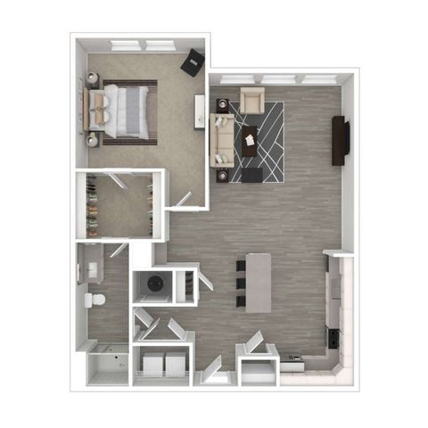 Contemporary floor plan showcasing a spacious bedroom, open-concept living area, and sleek kitchen, perfect for modern living.