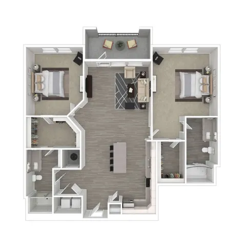 Modern 3D floor plan featuring two spacious bedrooms, elegant living area, stylish open kitchen, and two luxurious bathrooms. Includes a cozy balcony for relaxation.