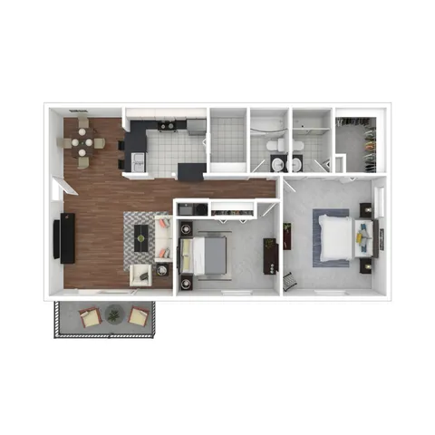 Modern floor plan showcasing 2 bedrooms, open-concept living room and dining area, sleek kitchen, and ample closet space, perfect for stylish urban living.
