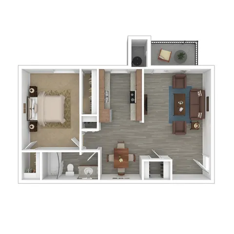 Modern floor plan featuring a spacious bedroom, elegant bathroom, open living area, and cozy outdoor patio.