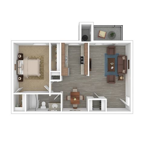 Modern 1-bedroom apartment floor plan showcasing an open-concept living and dining area, sleek kitchen, and cozy balcony.