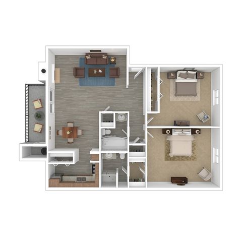 Elegant 2D floor plan showcasing 2 cozy bedrooms, open-concept living and dining area, modern kitchen, and charming balcony.