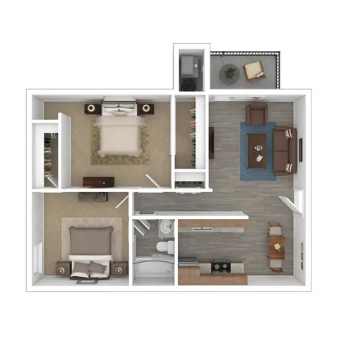 Modern 2D floor plan showcasing 2 bedrooms, open living area, contemporary kitchen, and cozy balcony.