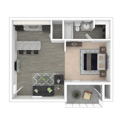 Modern 1-bedroom apartment floor plan featuring an open-concept kitchen and living area, spacious bathroom, and a charming balcony.