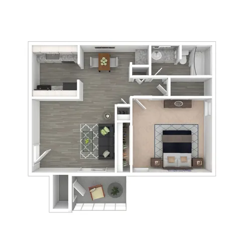 Charming floor plan showcasing 1 spacious bedroom, open living area with modern kitchen, and cozy outdoor seating space.