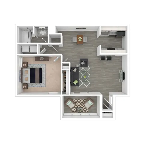Modern 2D floor plan showcasing a spacious 1-bedroom apartment with open-concept living and dining area, sleek kitchen, and cozy balcony.