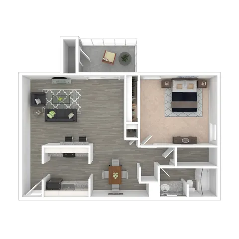 Modern floor plan showcasing a spacious 1-bedroom apartment with an open-concept living and dining area, stylish kitchen, and private balcony.