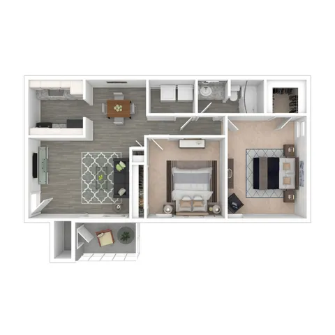 Chic 2D floor plan showcasing a cozy 2-bedroom apartment with a modern open-concept living, dining space, and a sleek kitchen. Perfect for contemporary living.