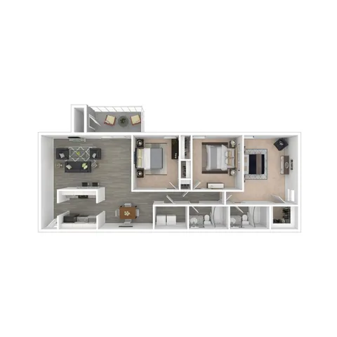 Modern 3D floor plan showcasing 3 elegant bedrooms, a cozy living area, gourmet kitchen, and a relaxing balcony with outdoor seating.