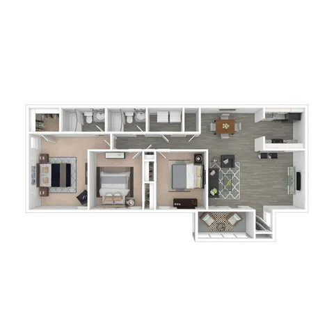 Contemporary floor plan featuring two bedrooms, two bathrooms, a modern kitchen, open living and dining area, and a cozy balcony space.