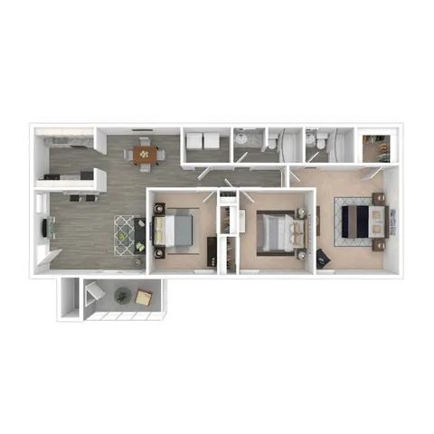 Modern floor plan showcasing a spacious 3-bedroom apartment with an open-concept living and dining area, elegant kitchen, and two bathrooms.
