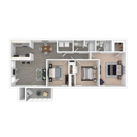 Modern floor plan showcasing 3 bedrooms, 2 bathrooms, spacious living area, and open-concept kitchen with dining space.