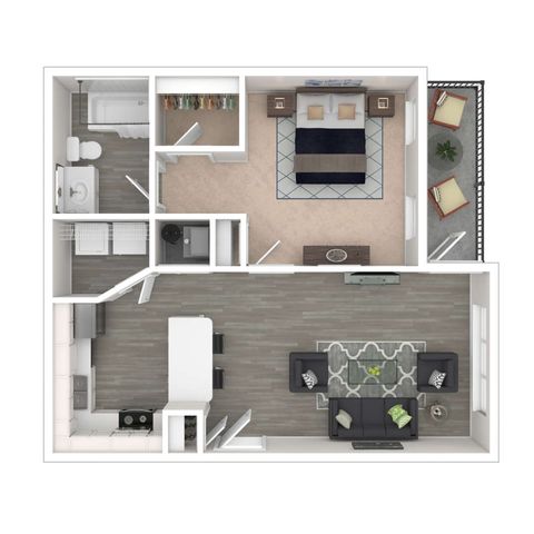 Modern 1-bedroom apartment floor plan with open-concept kitchen and living area, spacious bathroom, and cozy balcony.
