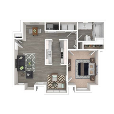 Chic 2D floor plan showcasing 1 bedroom apartment with an open living room, modern kitchen, and elegant bathroom design.