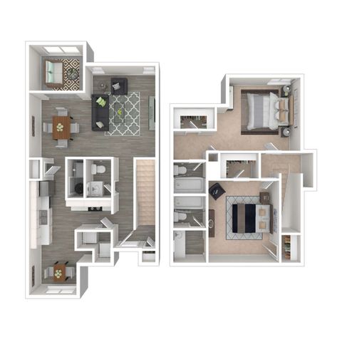 Elegant 3D floor plan showcasing a two-level apartment with two bedrooms, spacious living area, modern kitchen, and two bathrooms.