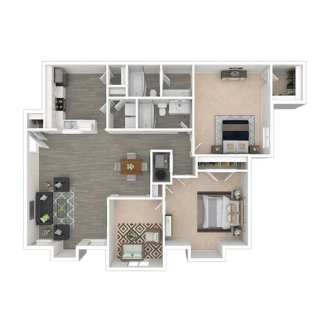 Chic 2D floor plan showcasing 2 spacious bedrooms, modern kitchen, elegant open-concept living area, and premium bathrooms.