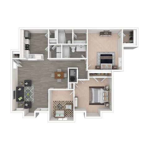 Modern 3D floor plan showcasing 2 bedrooms, open-concept living and dining area, sleek kitchen, and 2 bathrooms with elegant finishes.