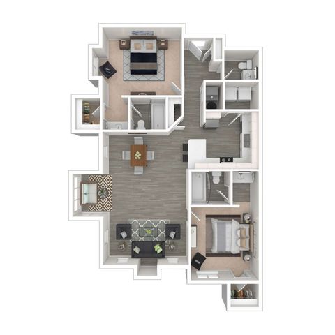 Charming 3D floor plan showcasing 2 bedrooms, modern kitchen, and cozy living room with an elegant dining area.