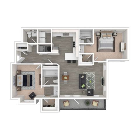 Modern floor plan showcasing 2 luxurious bedrooms, spacious living area, sleek kitchen, and 2 elegant bathrooms with a balcony view.