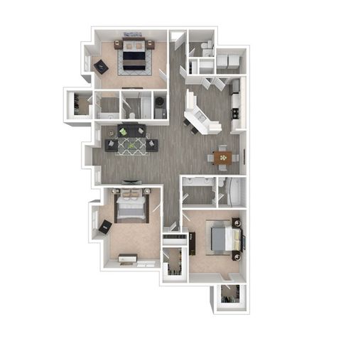 Modern 3D floor plan of a spacious apartment featuring three bedrooms, an open-concept living and dining area, and a sleek kitchen with ample cabinetry.