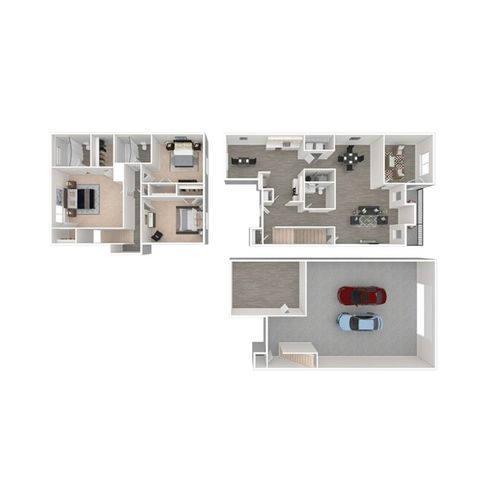 Modern 3D floor plan showcasing a two-story layout with three bedrooms, open-concept living area, a sleek kitchen, and spacious garage for two cars.