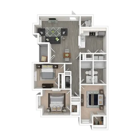 Modern floor plan showcasing two bedrooms, open-concept living and dining area, sleek kitchen, and dual bathrooms, designed for comfort and style.