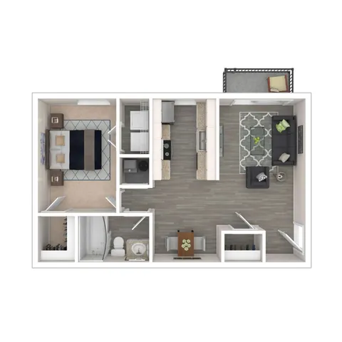 Modern floor plan featuring a spacious 1-bedroom apartment with an open-concept living area, sleek kitchen, and cozy balcony.