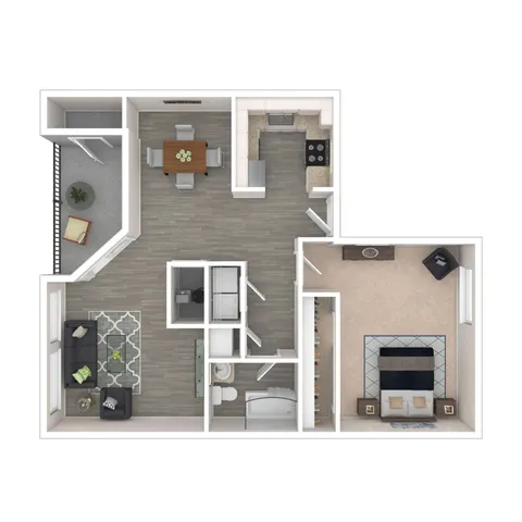 Luxury floor plan showcasing 1 spacious bedroom, open-concept living and dining area, modern kitchen, and cozy balcony.