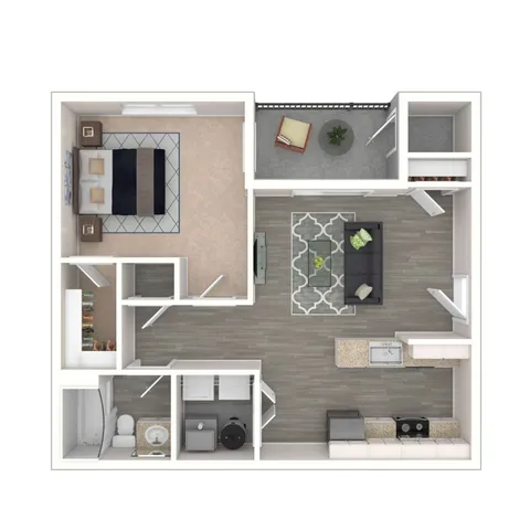 Modern 1-bedroom apartment floor plan featuring open-concept living and dining areas, sleek kitchen, and private balcony.