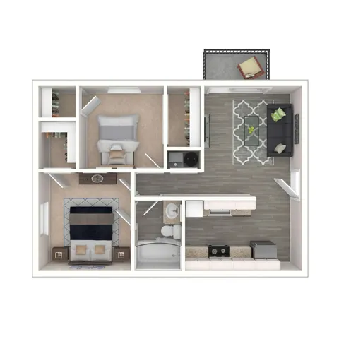 Modern floor plan showcasing 2 bedrooms, a stylish living room, elegant kitchen, and cozy balcony.