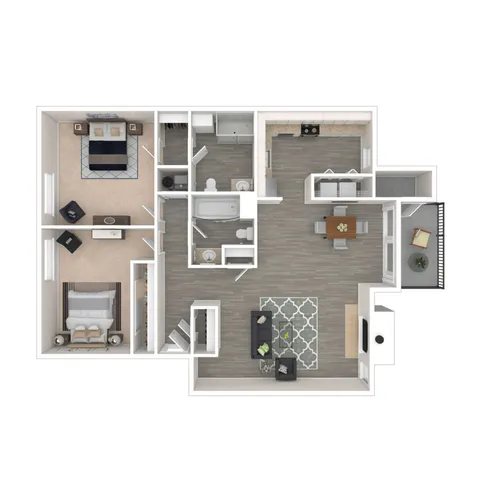 Modern 2D floor plan showcasing 3 bedrooms, an open living and dining area, a sleek kitchen, and a cozy balcony.