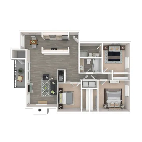 Modern 3D floor plan featuring two cozy bedrooms, a spacious open-concept living and dining area, contemporary kitchen, and a private balcony, offering style and functionality.