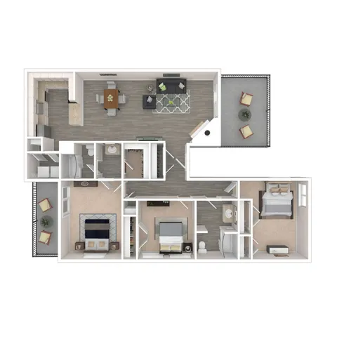 Contemporary 3D floor plan highlighting 3 bedrooms, spacious open-plan living and dining area, modern kitchen, and private balcony.