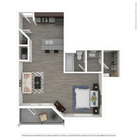 Modern L-shaped floor plan featuring a spacious one-bedroom layout, open-concept kitchen with island, cozy living area, and private balcony.