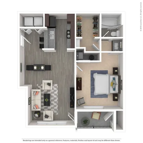 Modern floor plan showcasing an open-concept living area with kitchen, cozy living room, spacious bedroom, and stylish bathroom.