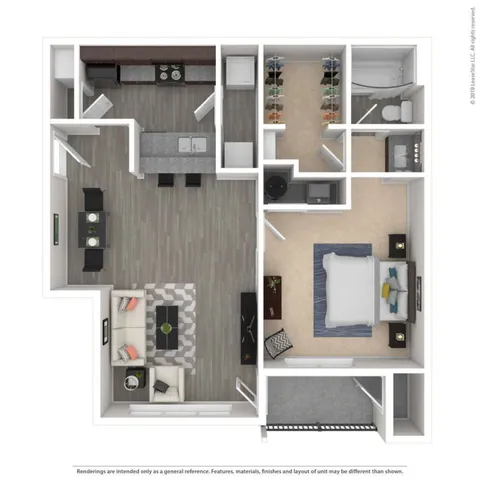 Chic floor plan showcasing a modern 1-bedroom apartment with open-concept living and dining area, sleek kitchen, and stylish bathroom.