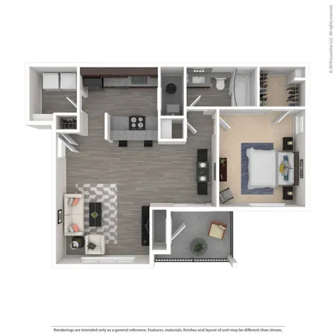 Modern 2D floor plan showcasing a spacious 1-bedroom apartment with open-concept living and dining area, sleek kitchen, and elegant bathroom.