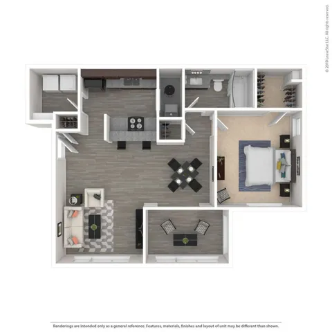 Modern 2D floor plan featuring a spacious open-concept kitchen and living area, cozy bedroom, stylish dining space, and elegant bathroom.