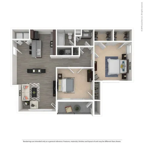 Contemporary 3D floor plan featuring two spacious bedrooms, inviting living space, modern kitchen, and elegant bathroom design.