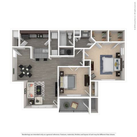 Modern 2D floor plan showcasing 2 bedrooms, 2 bathrooms, and an open-concept kitchen and living area, perfect for urban living.