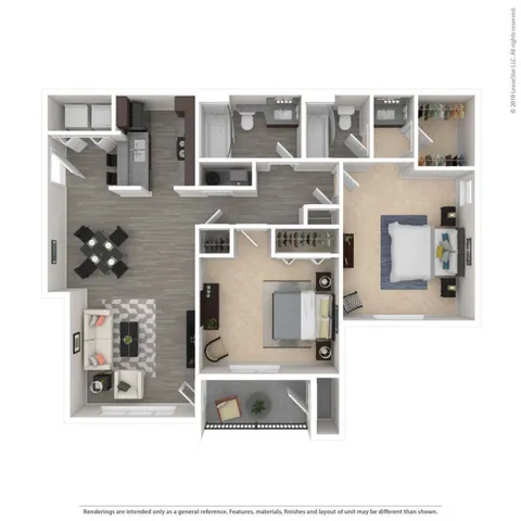 Sophisticated 2D floor plan featuring 2 spacious bedrooms, an elegant open-concept living and dining area, modern kitchen, and private balcony.