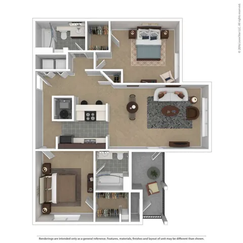 Modern 3D floor plan featuring two spacious bedrooms, an open-concept living and dining area, a contemporary kitchen, and two bathrooms, designed for luxurious living.